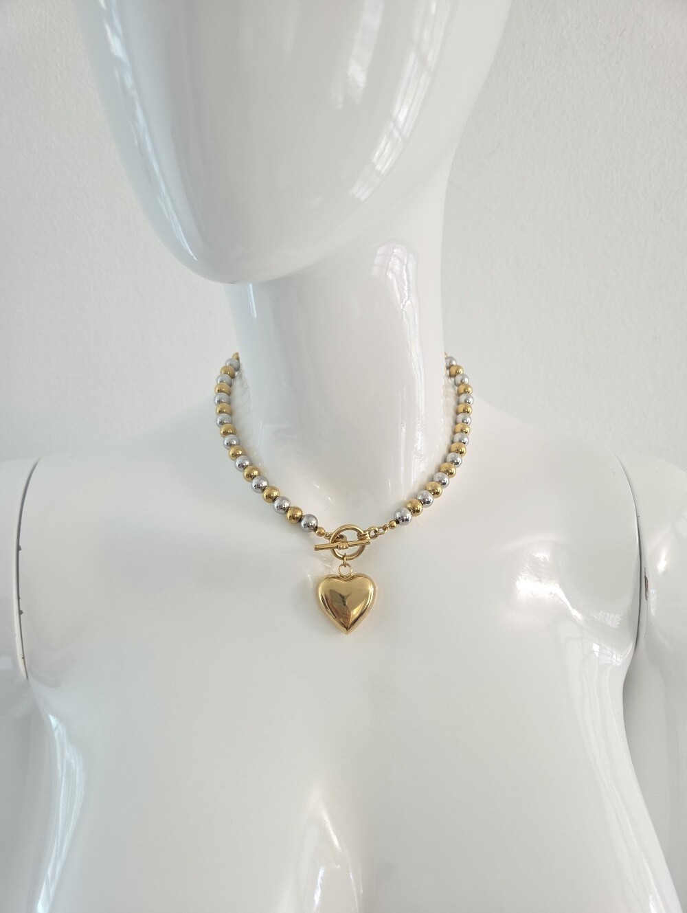 Two Tone Gold Silver Beaded Heart Pendant Toggle Necklace - Picture 11 of 14